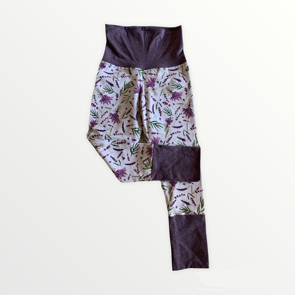 Lavender print with purple heather cuffs & waistband.
